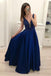 Royal Blue Beading A Line Satin Prom Dress, Cheap Long Evening Dresses DMI17