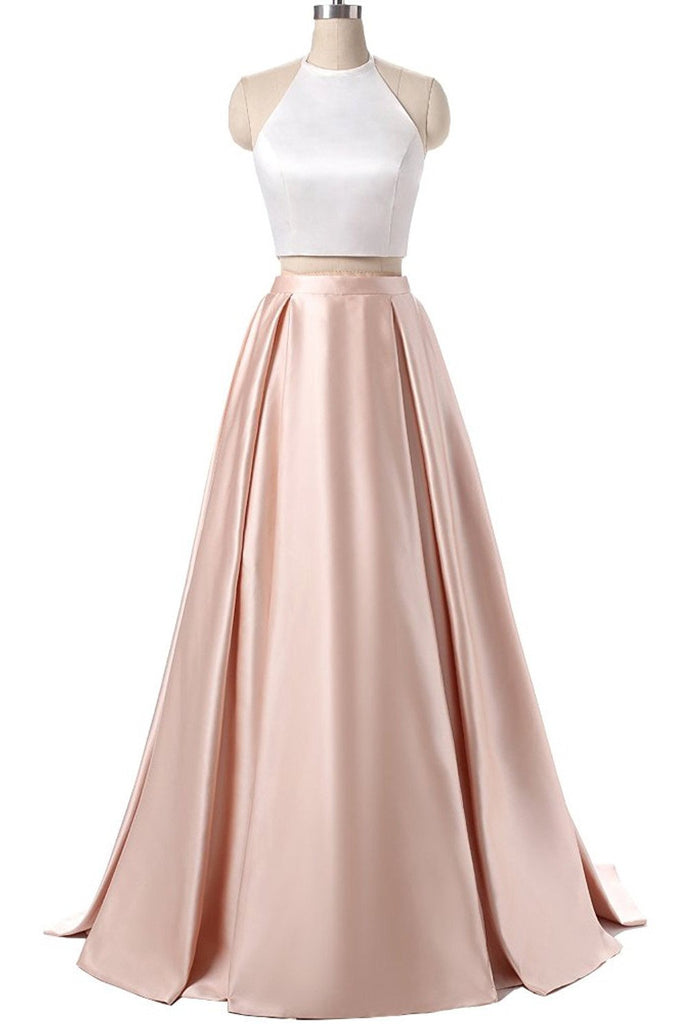 Charming Formal Halter Two Pieces Light Pink Prom Dress, Simple Satin Prom Gowns DM119