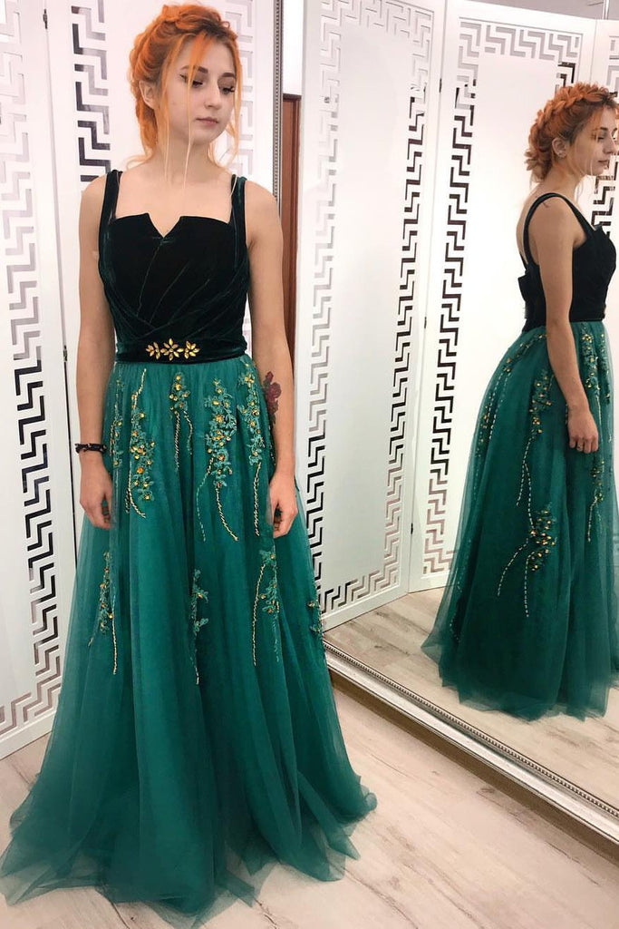 A Line Green and Black Tulle Prom Dresses, Charming Appliques Formal Dress DMI13