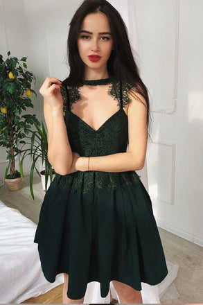 Dark Green A Line Satin Short Homecoming Dress with Lace DMB41
