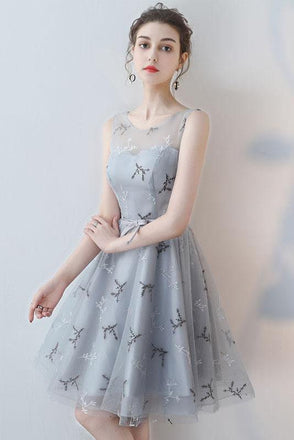 Unique A-line Scoop Grey Mini Tulle Sleeveless Homecoming Dresses DMA73