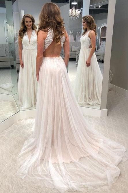 A-Line V-Neck Open Back Tulle Wedding Dress with Lace Bodice DMK46