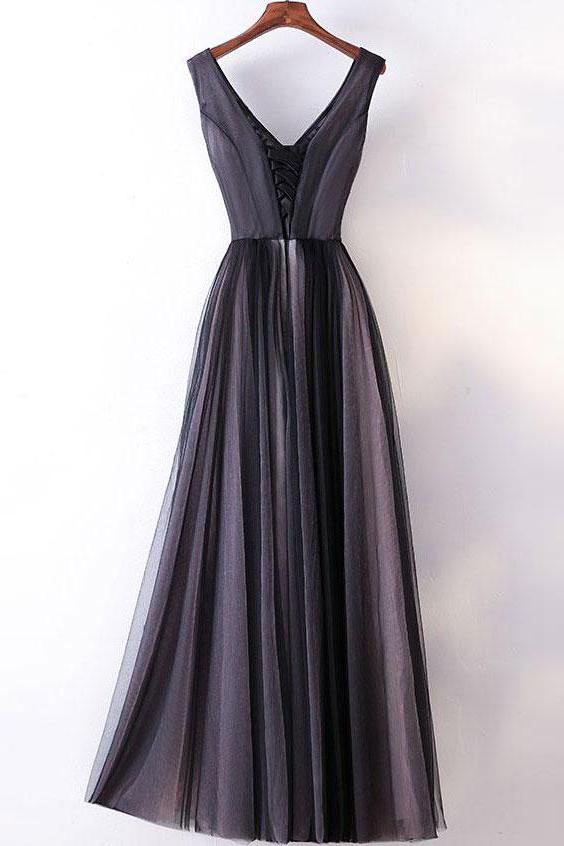 Elegant A-line V-neck Lace Appliqued Lace Up Long Prom Dresses Evening Gowns DMA84