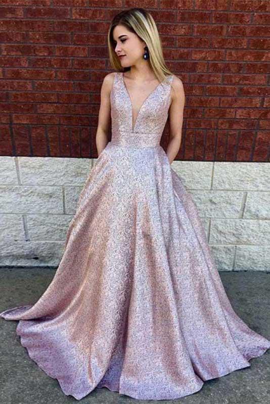 Simple A-Line Deep V-Neck Long Lilac Printed Satin Prom Dresses with Pockets DMF35