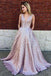 Simple A-Line Deep V-Neck Long Lilac Printed Satin Prom Dresses with Pockets DMF35