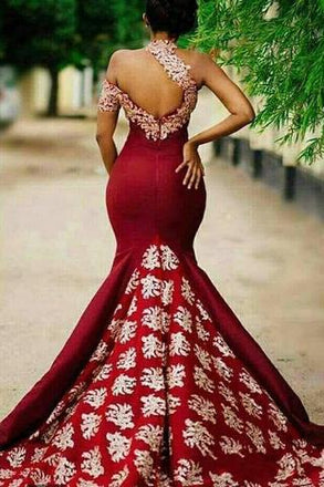 Charming Burgundy Mermaid Long Lace Appliqued Sleeveless Prom Dresses DMG47