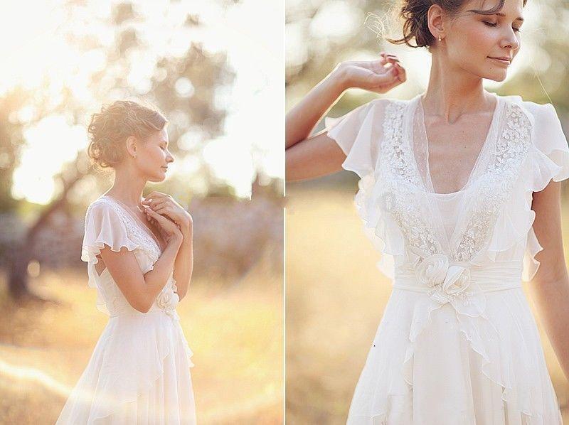 Charming A-Line Ivory  V-Neck Chiffon Wedding Dresses,Cheap Bridal Dress DMJ5