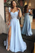 A-Line Cap Sleeves Floor-Length Light Blue Prom Dress with Appliques Split DMI97