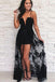 A Line Spaghetti Strap Black High Low Prom Dress With Lace DMQ62
