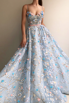 A-Line Lace Spaghetti Straps Long Light Blue Prom Dress DME42