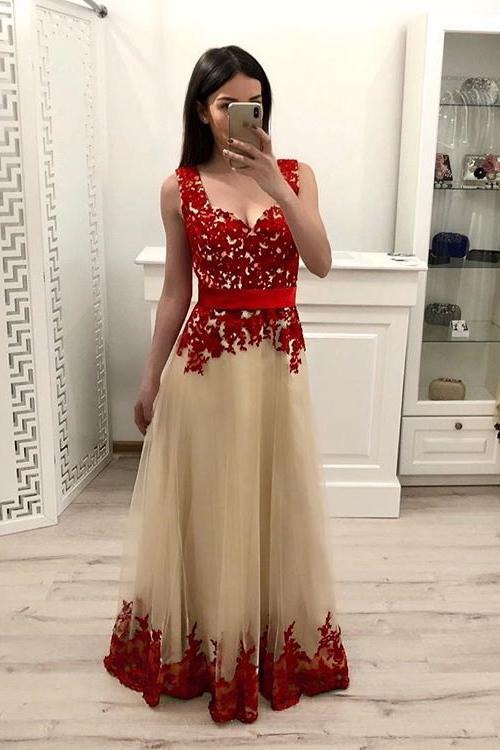 A Line Tulle Long Prom Dress With Red Appliques,Junior Party Prom Dresses DMI15