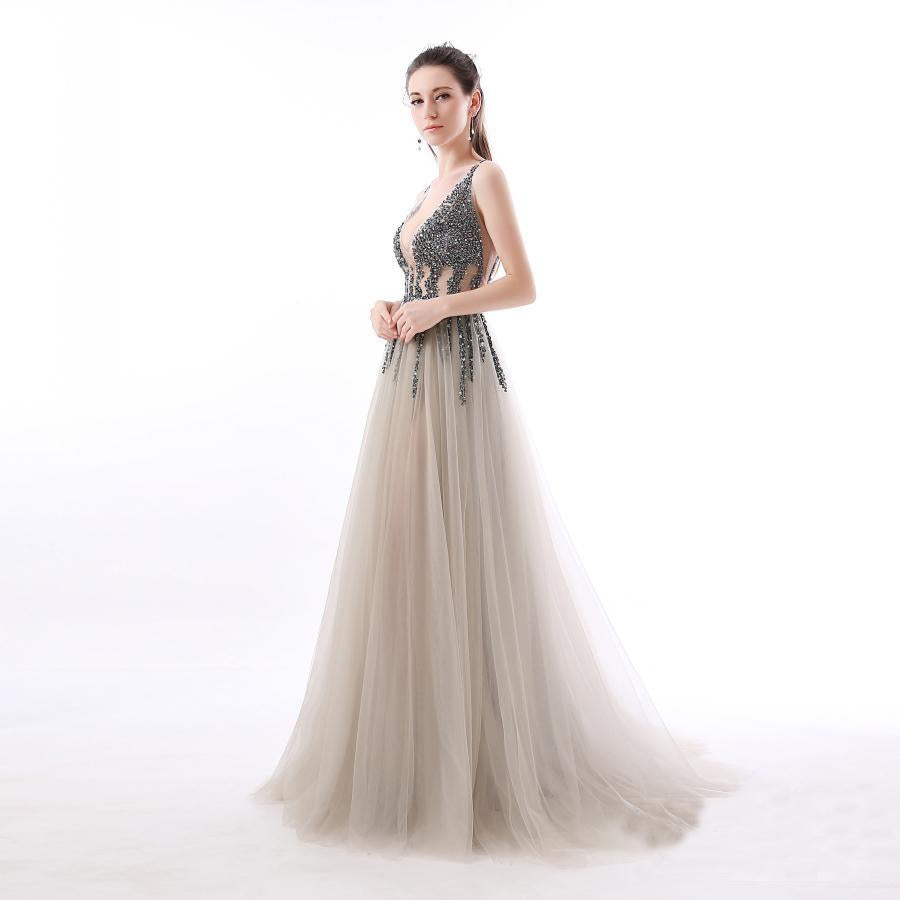 Sexy A Line Sequin Tulle Long V Neck Backless Formal Prom Dresses DMC1
