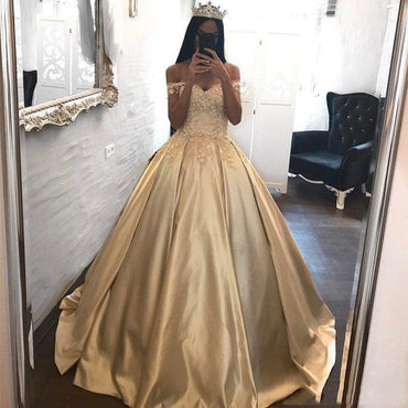Off the Shoulder Appliques Ball Gown Cheap Prom Dresses DMH95