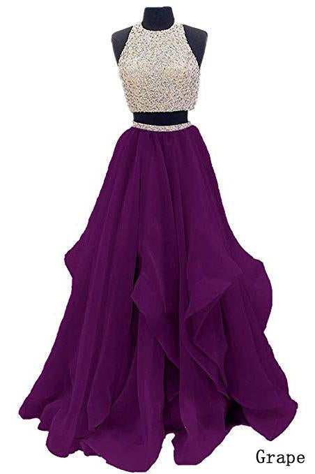 Two Piece Floor Length Burgundy Prom Dress Beaded Open Back Evening Gown DM603