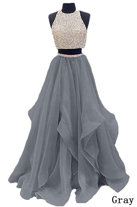 Two Piece Floor Length Burgundy Prom Dress Beaded Open Back Evening Gown DM603