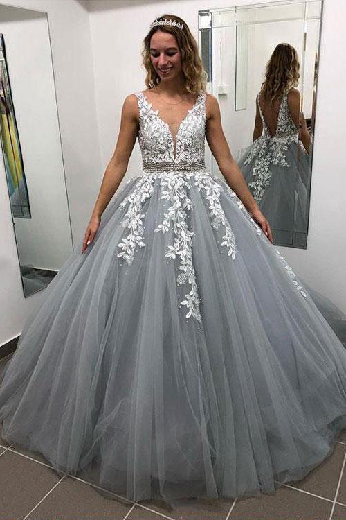 Gray V Neck Long Prom Dress for Teens, Puffy Appliqued Ball Gown with Beading DMH75