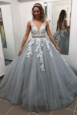 Gray V Neck Long Prom Dress for Teens, Puffy Appliqued Ball Gown with Beading DMH75