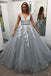 Gray V Neck Long Prom Dress for Teens, Puffy Appliqued Ball Gown with Beading DMH75