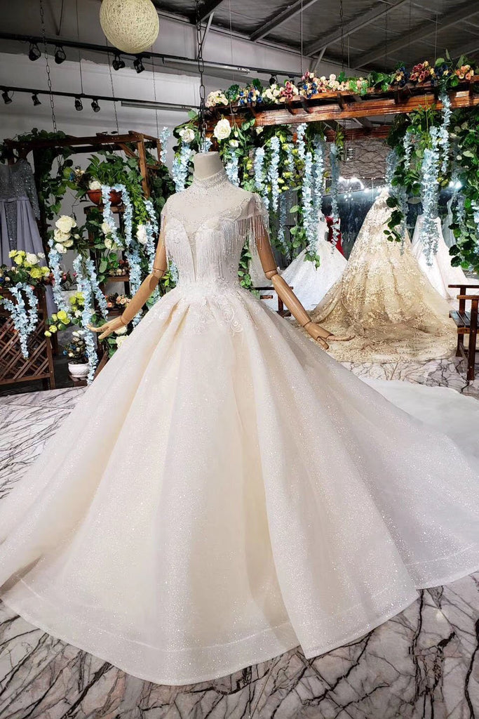 Off White High Neck Ball Gown Wedding Dresses, Open Back Beaded Wedding Gown DMJ96