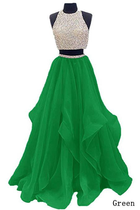 Two Piece Floor Length Burgundy Prom Dress Beaded Open Back Evening Gown DM603