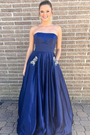 Simple A-Line Strapless Floor-Length Dark Blue Prom Dress with Pockets Beading DMI98