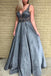 Grey Floor Length Deep V Neck Beaded Prom Dresses With Lace Appliques DMO94