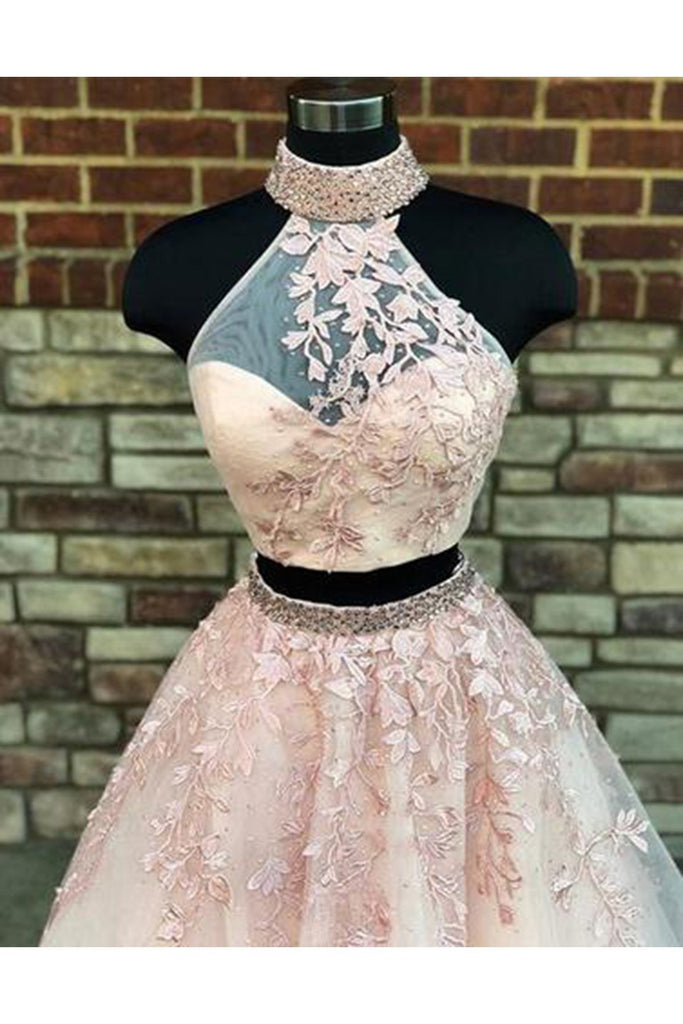 New A Line Two Pieces High Neckline Long Lace Formal Prom Dress DM732