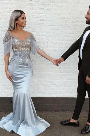 Mermaid V-Neck Short Sleeve Appliques Long Grey Prom Dress DMH33