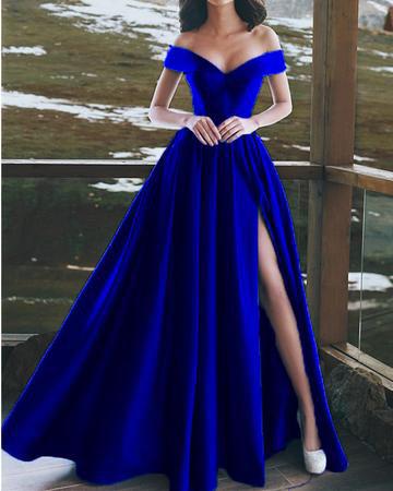 Elegant V-neck Off The Shoulder Long Satin Prom Dresses With Slit DME43