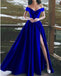 Elegant V-neck Off The Shoulder Long Satin Prom Dresses With Slit DME43