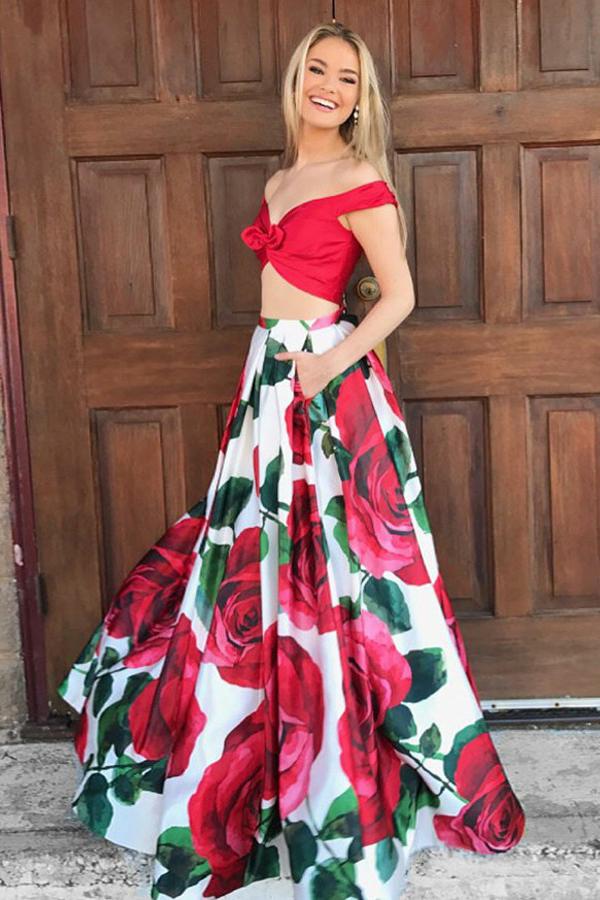 Two Piece Off-the-Shoulder Floor-Length Red Floral Prom Dress with Pockets OKI96 – Demodresses Two Piece Off-the-Shoulder Floor-Length Red Floral Prom Dress with Pockets OKI96 – Demodresses