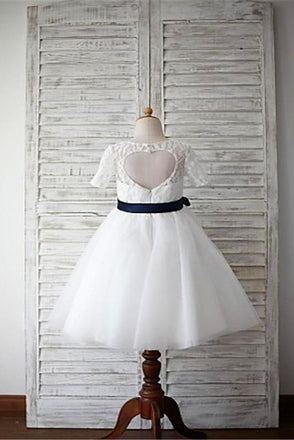 A-line Scoop 1/2 Sleeves Navy Sash Floor-Length Tulle Flower Girl Dresses DM726