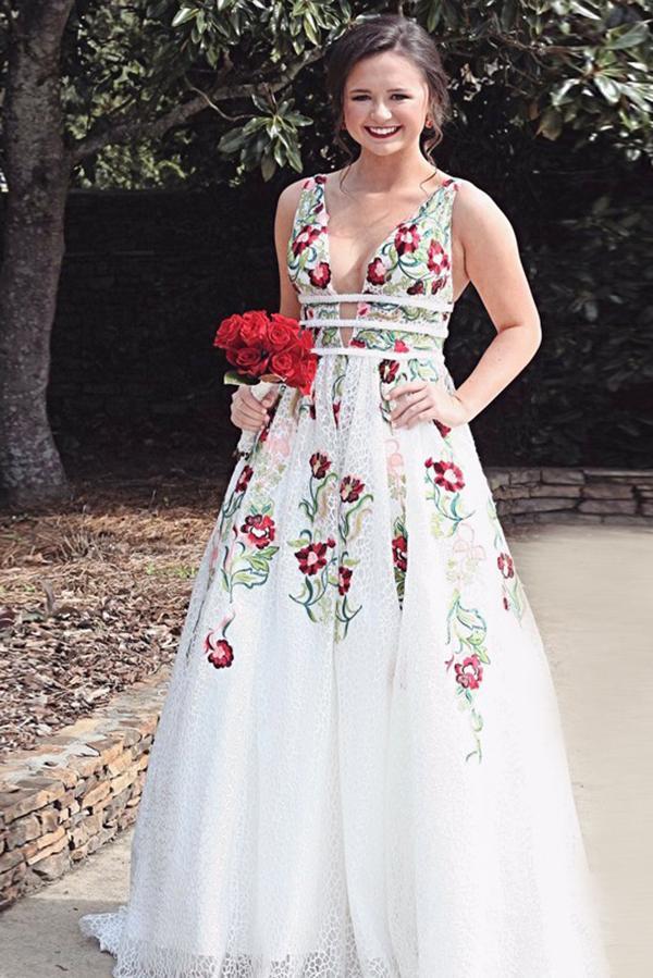 Cheap V Neck Prom Dresses Floor Length Formal Party Dress with Appliques DMJ2