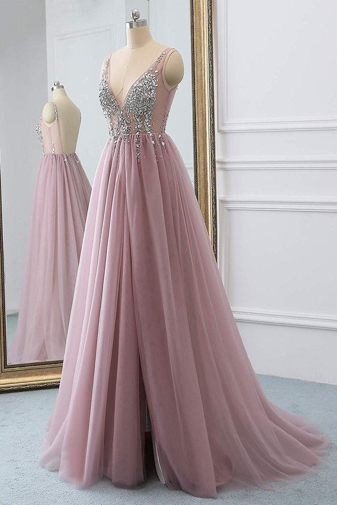 Dusty Pink A Line Tulle Prom Dress, V Neck Long Graduation Dress with Rhinestone DMJ48