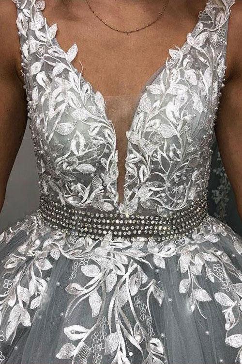 Gray V Neck Long Prom Dress for Teens, Puffy Appliqued Ball Gown with Beading DMH75