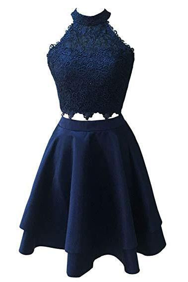 Two Piece Dark Blue Short Homecoming Dress with Lace, A Line Satin Graduation Dress OKM55 – Demodresses Two Piece Dark Blue Short Homecoming Dress with Lace, A Line Satin Graduation Dress OKM55 – Demodresses