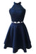 Two Piece Dark Blue Short Homecoming Dress with Lace, A Line Satin Graduation Dress DMM55