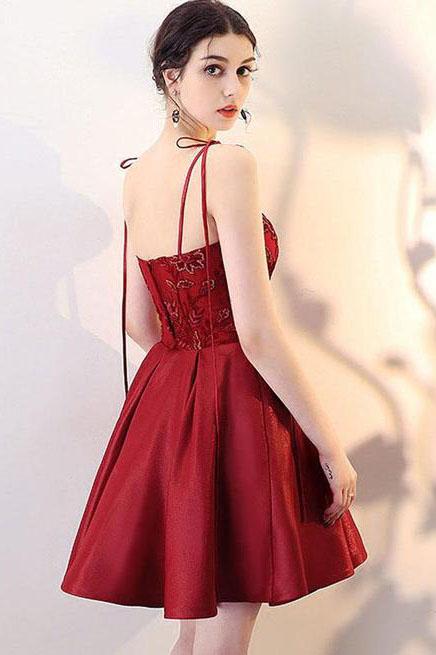 Burgundy V Neck A Line Satin Straps Short Homecoming Dresses DMC30