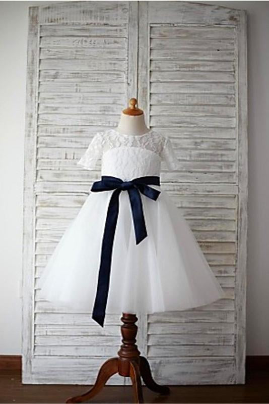 A line Scoop Navy Sash Floor Length Tulle Flower Girl Dress Demodresses