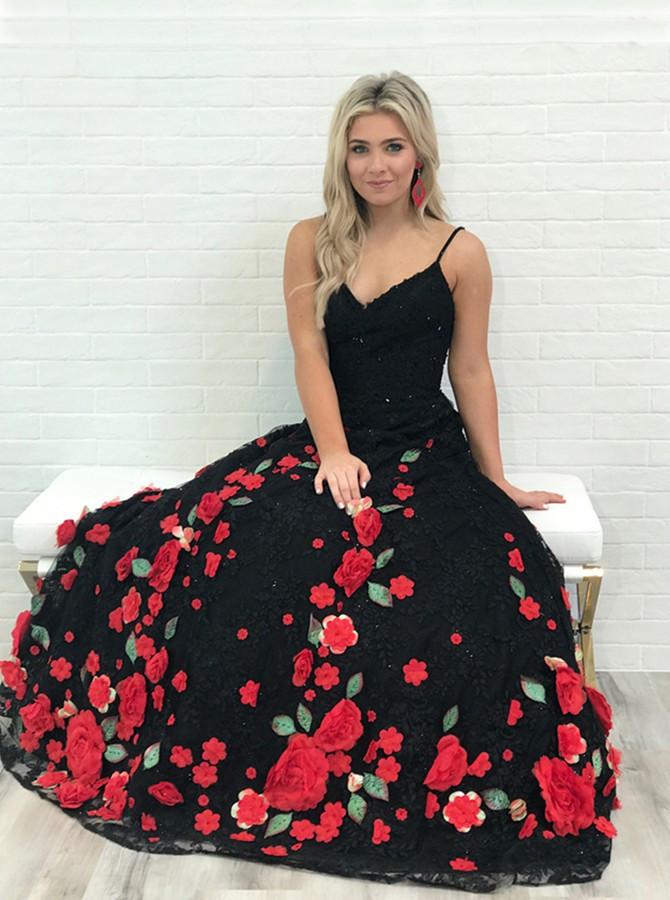 A-Line Spaghetti Straps Black Sweep Train A Line Prom Dress with Flowers DMI74
