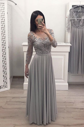 A Line Gray Chiffon Long Sleeves Prom Dresses, Cheap Appliques Evening Gown DMI12