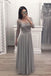 A Line Gray Chiffon Long Sleeves Prom Dresses, Cheap Appliques Evening Gown DMI12