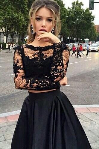 Two Piece Black A Line Lace Top Long Sleeves Formal Prom Dress DM729
