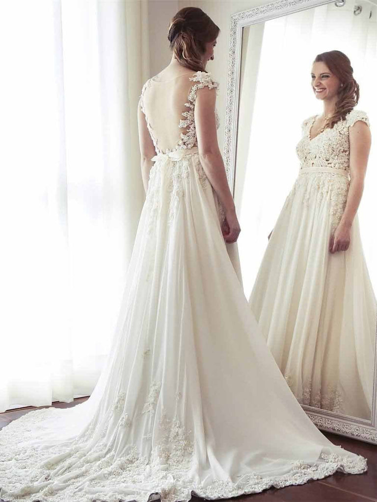 A-Line V-Neck Lace Appliqued Cap Sleeves Ivory Long Wedding Dresses DMC72