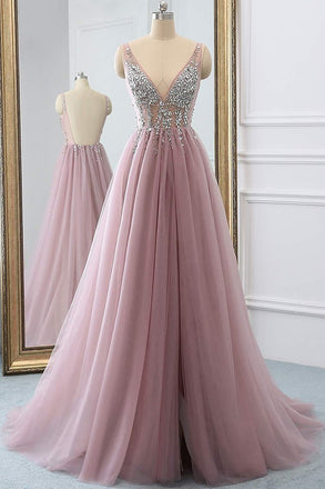 Dusty Pink A Line Tulle Prom Dress, V Neck Long Graduation Dress with Rhinestone DMJ48