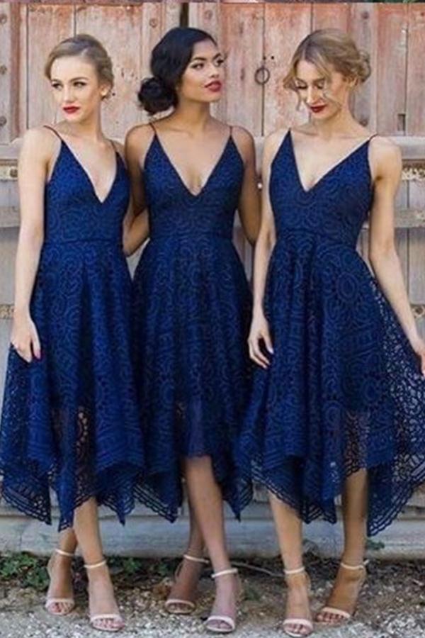 Navy Blue/Pink Deep V-neck Spaghetti Straps Sleeveless Asymmetry Lace A-line Bridesmaid Dress DM236