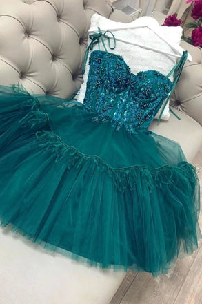 Sweet Dark Green Sweetheart Tulle Homecoming Dress With Bead, A Line Short Cocktail Dress DM1029