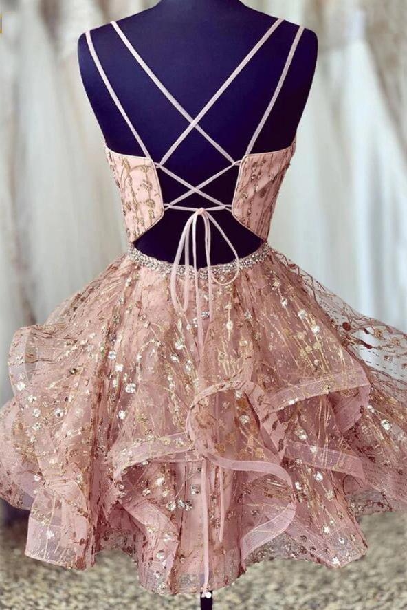 Cute Sparkly V Neck Mini Homecoming Dresses Pink Puffy Short Prom Dre Demodresses
