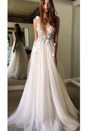 Floral Open Back Deep V-neck Straps Tulle Appliques Prom Dress,, Floral Princess Wedding Dress DM180
