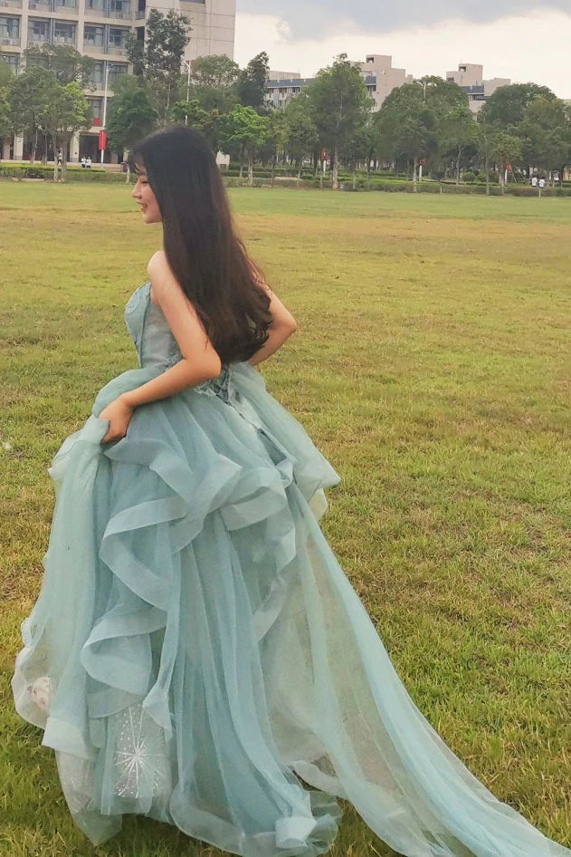 A Line Spaghetti Straps Tulle Long Prom Dresses, Stunning Evening Party Dress DMP176